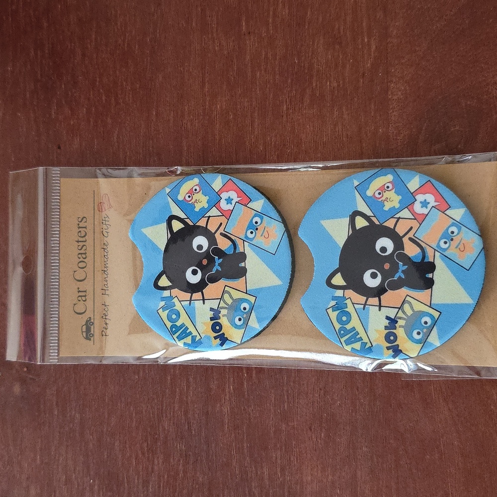 Black Cat Car Cup Holder Coaster Handmade Reuseable Set of 2